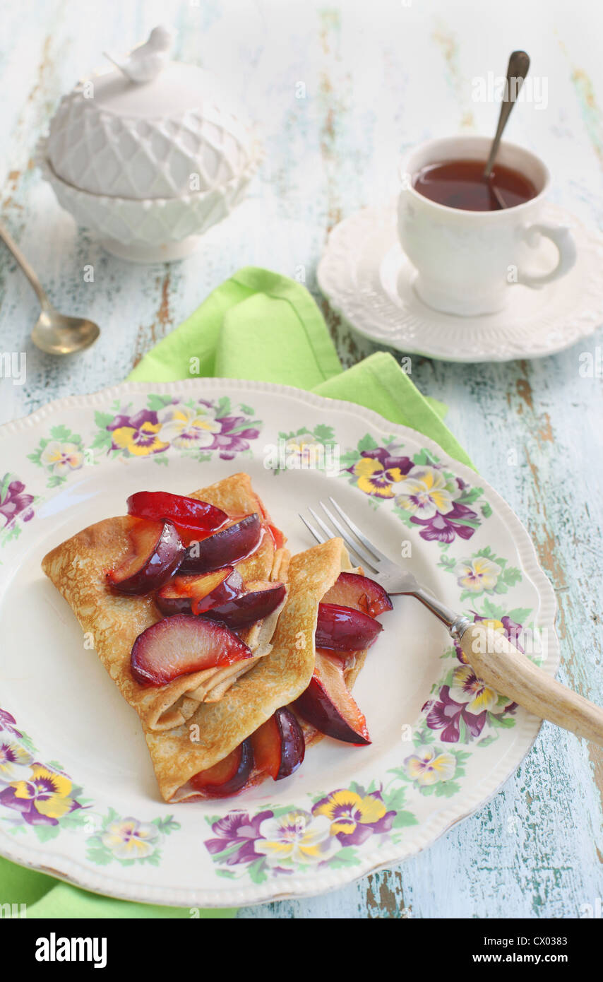Pancakes with homemade fresh plum`s confiture Stock Photo